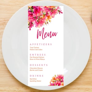 Modèle de carte de menu modifiable floral rose et orange, anniversaire, menu du dîner, menu de table, menu baby shower, menu de mariage, cartes de menu, imprimable