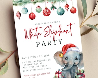 May include: White Elephant Party invitation with a watercolor illustration of a Christmas-themed elephant wearing a Santa hat and surrounded by presents. The invitation includes the date, time, location, and RSVP information. Please bring a gift under $30 to exchange.