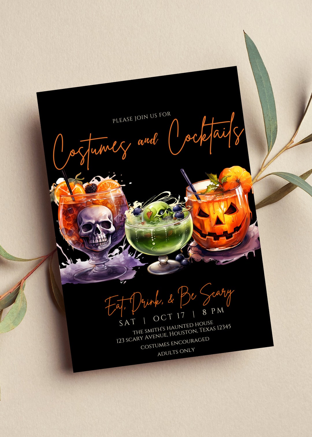 Editable Costumes and Cocktails Invitation, Adult Halloween Party ...