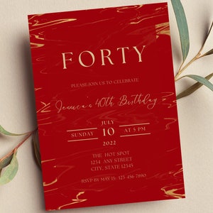 Editable Red and Gold Birthday Invitation, Red Marble Invitation, Luxury, Printable or Text Invite