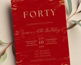 Editable Red and Gold Birthday Invitation, Red Marble Invitation, Luxury, Printable or Text Invite