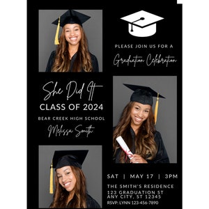 Puede incluir: Invitaci&oacute;n a una ceremonia de graduaci&oacute;n con fondo negro y texto blanco. La invitaci&oacute;n presenta una foto de una graduada con gorro y bata, y el texto "She Did It - Class of 2024 - Bear Creek High School - Melissa Smith". La invitaci&oacute;n tambi&eacute;n incluye un icono de gorro de graduaci&oacute;n y el texto "Por favor, &uacute;nase a nosotros para una celebraci&oacute;n de graduaci&oacute;n".