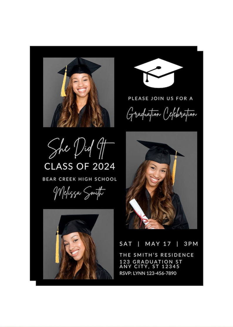Puede incluir: Invitaci&oacute;n a una ceremonia de graduaci&oacute;n con fondo negro y texto blanco. La invitaci&oacute;n presenta una foto de una graduada con gorro y bata, y el texto "She Did It - Class of 2024 - Bear Creek High School - Melissa Smith". La invitaci&oacute;n tambi&eacute;n incluye un icono de gorro de graduaci&oacute;n y el texto "Por favor, &uacute;nase a nosotros para una celebraci&oacute;n de graduaci&oacute;n".