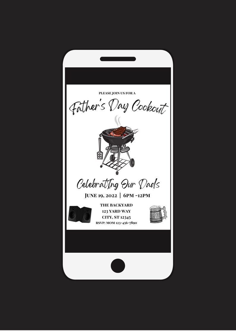 Puede incluir: La pantalla de un tel&eacute;fono inteligente que muestra una invitaci&oacute;n a una barbacoa del D&iacute;a del Padre con una ilustraci&oacute;n en blanco y negro de una parrilla, una jarra de cerveza y altavoces. El texto dice "Por favor, &uacute;nase a nosotros para una barbacoa del D&iacute;a del Padre", "Celebrando a nuestros pap&aacute;s", "19 de junio de 2022 | 18:00-12:00", "The Backyard", "123 Yard Way", "City, ST 12345", y "RSVP: Mom 123-456-7890".