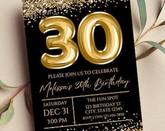 Può includere: Invito di compleanno nero e dorato con coriandoli dorati glitterati. L'invito dice "Si prega di unirsi a noi per celebrare il 30° compleanno di Melissa" con la data e l'ora della festa. La location è "The Fun Spot" con un indirizzo e informazioni RSVP.