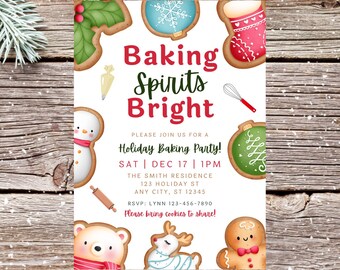 May include: A white invitation with a festive holiday theme. The invitation features a gingerbread cookie design with the text "Baking Spirits Bright" and details for a holiday baking party. The party is scheduled for Saturday, December 17th at 1 PM at The Smith Residence, 123 Holiday Street, Any City, ST 12345. The RSVP number is 123-456-7890. The invitation also includes the text "Please bring cookies to share!"