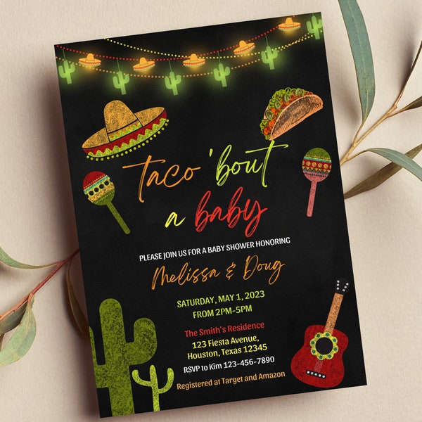 Editable Taco 'Bout a Baby Invitation, Baby Shower Invitation, Fiesta, Mexican Theme, Cactus, Chalkboard Invite, Printable or Text Invite