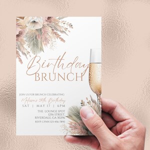 Editable Birthday Brunch Invitation, Brunch Invitation, Floral, Pampas ...