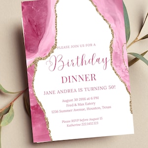 Editable Pink and White Birthday Dinner Invitation, Pink Party, Printable or Digital Invite