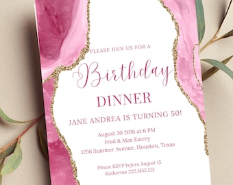 Editable Pink and White Invitation, Agate Birthday Dinner Invitation, Pink Party, Printable or Text Invite