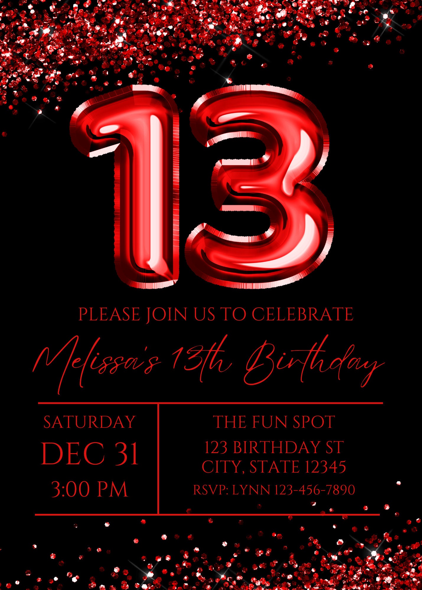 editable-13th-birthday-invitation-red-and-black-invitation-red-13-balloon-glam-glitter-printable-or-text-invite-etsy