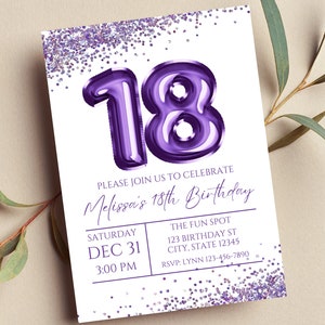Editable 18th Birthday Invitation, Purple and White Invitation, Purple 18 Balloon, Glam, Glitter, Printable or Text Invite