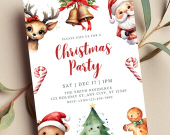 May include: A Christmas party invitation with a red and white color scheme. The invitation features illustrations of a reindeer, Santa Claus, a gingerbread man, a teddy bear, a Christmas tree, and candy canes. The text on the invitation reads "Please join us for a Christmas Party, Sat Dec 17 | 1PM, The Smith Residence, 123 Holiday St., Any City, ST 12345, RSVP: Lynn 123-456-7890".