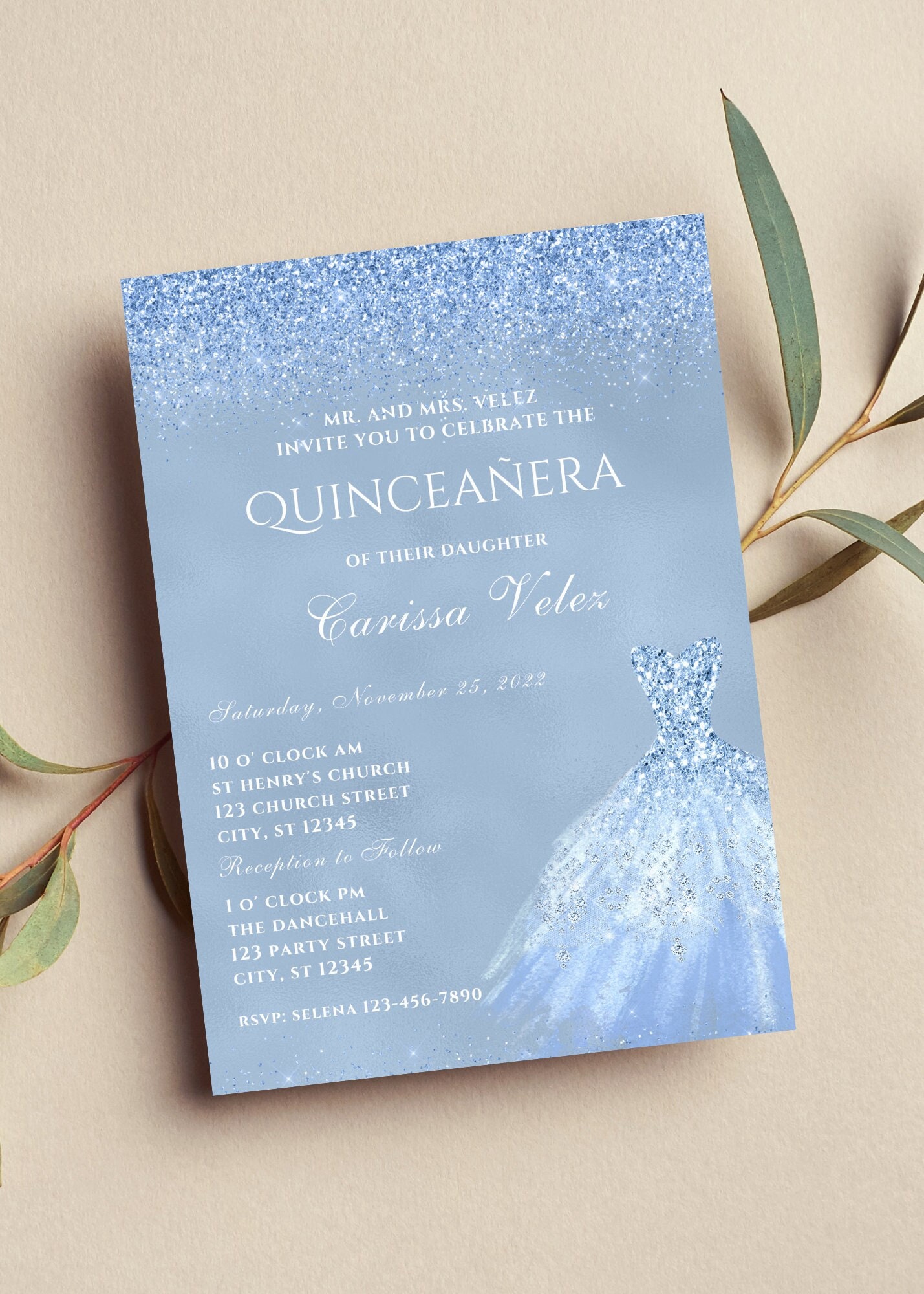 Quinceanera Invitations, Silver and Blue Glitter Quinceanera Invitations,  Sapphire Blue Quinceanera Invitation, Printable Quince Invitations 