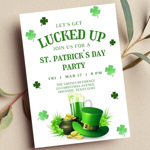 Editable St. Patrick's Day Party Invitation, Let's Get Lucked Up, Adult Invitation, Green, Shamrock, Printable or Text Invite