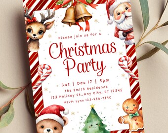 May include: A Christmas party invitation with a red and white striped background. The invitation features illustrations of Santa Claus, a reindeer, a gingerbread man, a teddy bear, and a Christmas tree. The text on the invitation reads "Please join us for a Christmas Party", "Sat | Dec 17 | 3pm", "The Smith Residence", "123 Holiday St., Any City, ST 12345", and "RSVP: Lynn 123-456-7890".