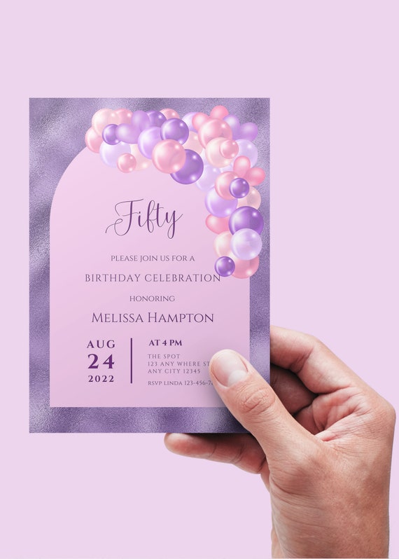Invitation d'anniversaire rose et violet modifiable, invitation d