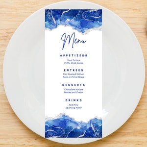 Edytowalny szablon karty menu, Royal Blue and White, Urodziny, Menu kolacji, Menu stołu, Menu na baby shower, Menu weselne, Karty menu, Do druku