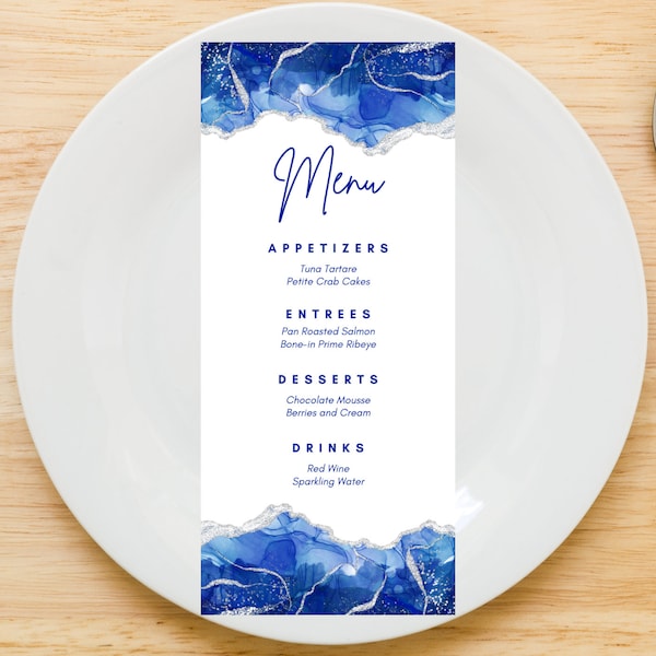 Editable Menu Card Template, Royal Blue and White, Birthday, Dinner Menu, Table Menu, Baby Shower Menu, Wedding Menu, Menu Cards, Printable