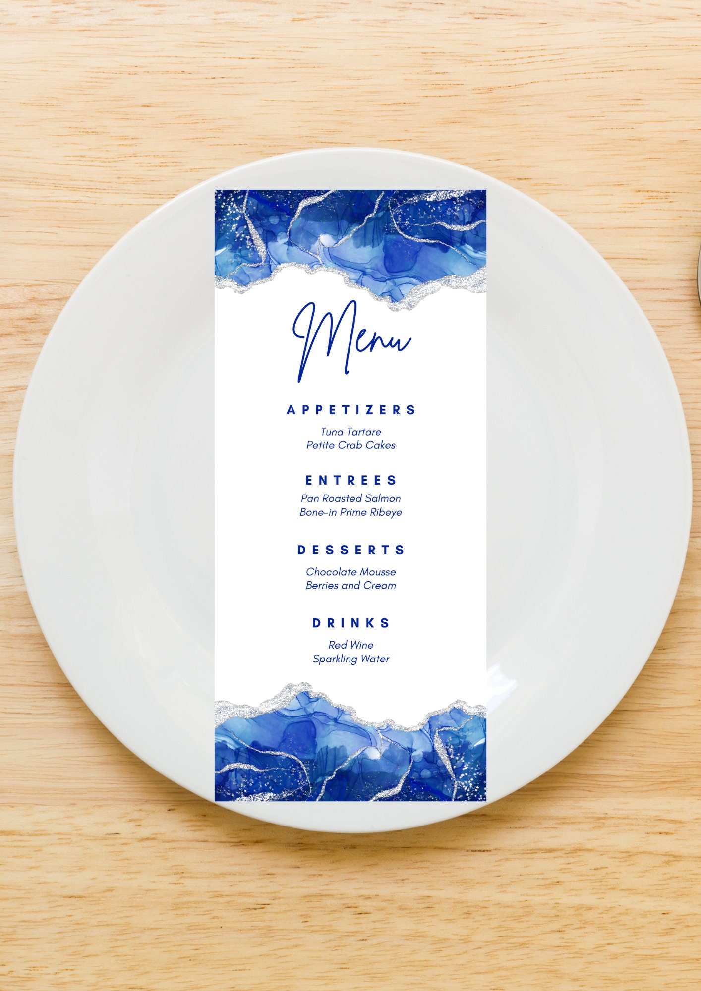 Editable Menu Card Template, Royal Blue and White, Birthday