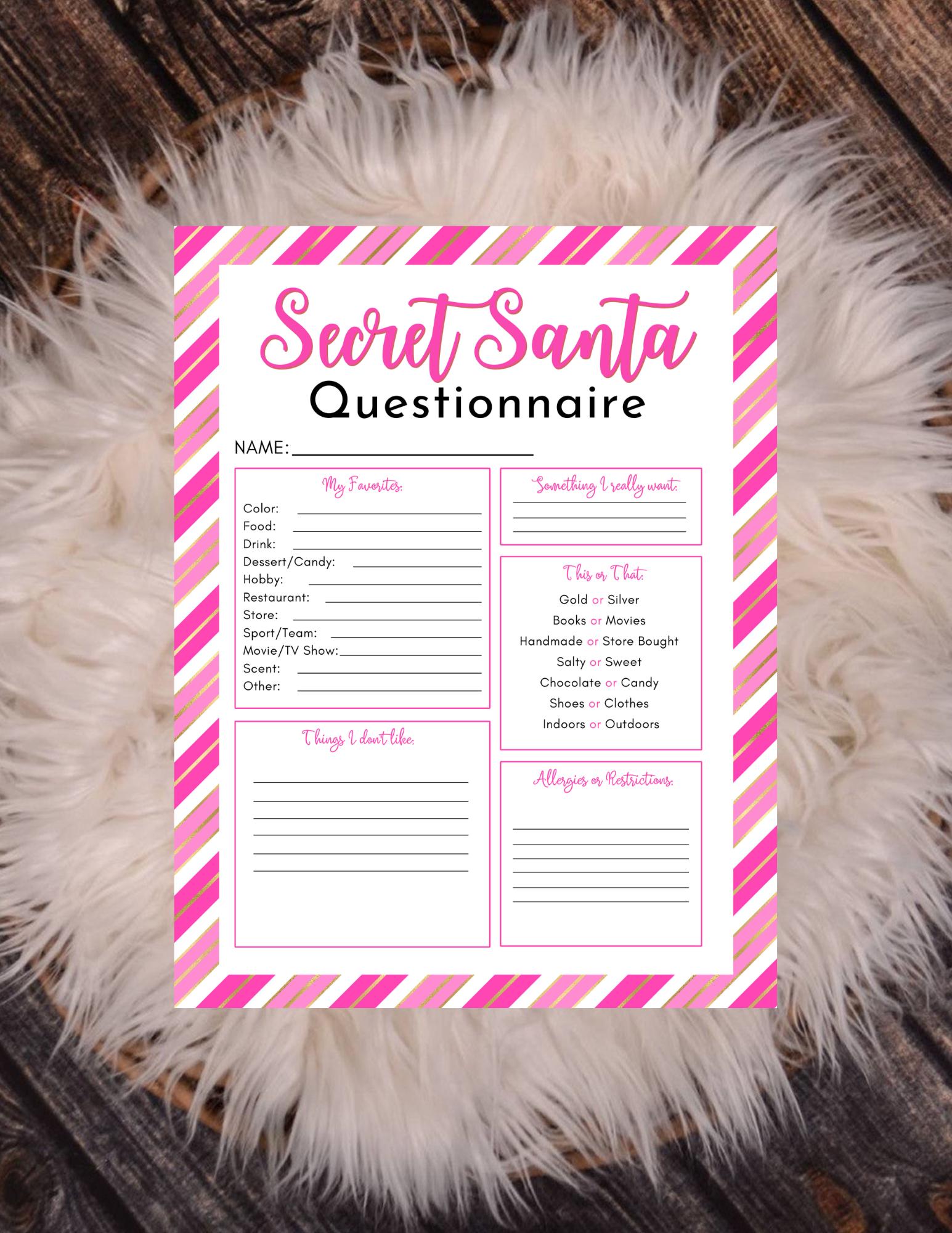 Pink Secret Santa Questionnaire, Holiday Game, Printable, Non-editable ...