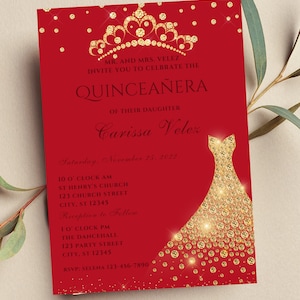 Editable Red and Gold Quinceañera Invitation, Mis Quince Anos, Glam, Diamond, Printable or Text Invite