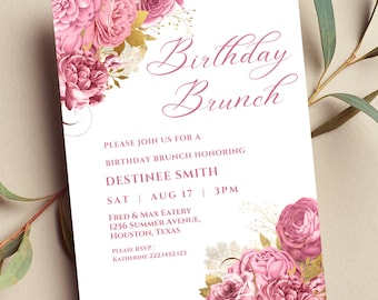 May include: A white invitation with pink floral accents and gold details. The text reads "Birthday Brunch" and includes the details for a birthday brunch honoring Destinee Smith. The event is scheduled for Saturday, August 17th at 3:00 PM at Fred & Max Eatery, 1256 Summer Avenue, Houston, Texas. The invitation includes an RSVP contact: Katherine 222.1452.123.