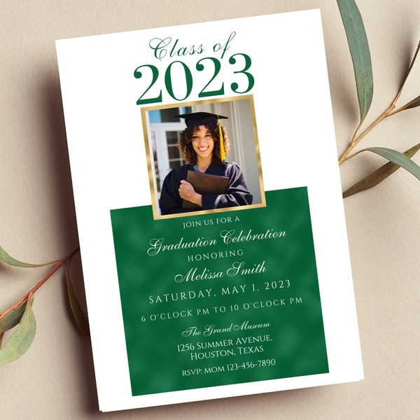 Editable Graduation Invitation 2024 with Photo, Green Graduation Announcement, Graduation Party, Dinner, Class of 2024, Print or Text Invite