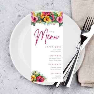 Edytowalny szablon karty menu z motywem tropikalnych kwiatów, urodziny, menu obiadowe, menu stołowe, menu na baby shower, menu weselne, karty menu, do druku
