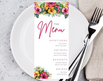 Editable Tropical Floral Menu Card Template, Birthday, Dinner Menu, Table Menu, Baby Shower Menu, Wedding Menu, Menu Cards, Printable