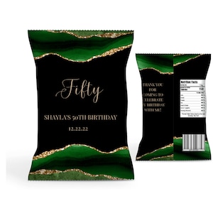 Editable Birthday Chip Bag Template, Green, Black and Gold Chip Bag, Party Decor, Party Favor, Printable