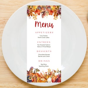 Modèle de carte de menu modifiable pour Thanksgiving, menu imprimable