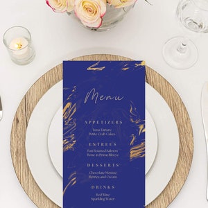 Editable Blue and Gold Menu Card Template, Marble Design, Luxury, Menu Card, Birthday Dinner Menu Card, Table Menu, Bar Menu, Printable