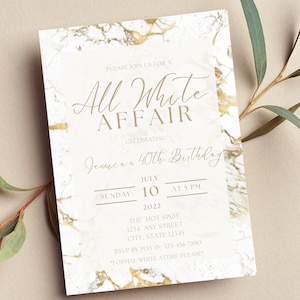 Faire-part de fête tout blanc modifiable, faire-part de fête tout blanc, blanc et or, marbre, invitation de tenue de soirée, imprimable ou numérique