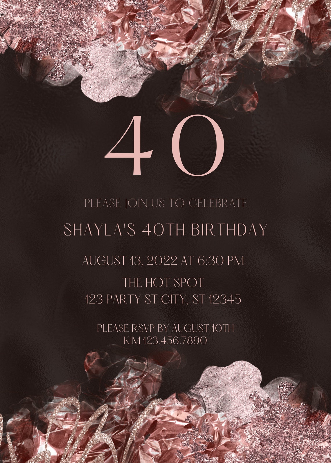 Invit Rose Editable Rose Gold and Black Birthday Invitation, 40th Birthday ...