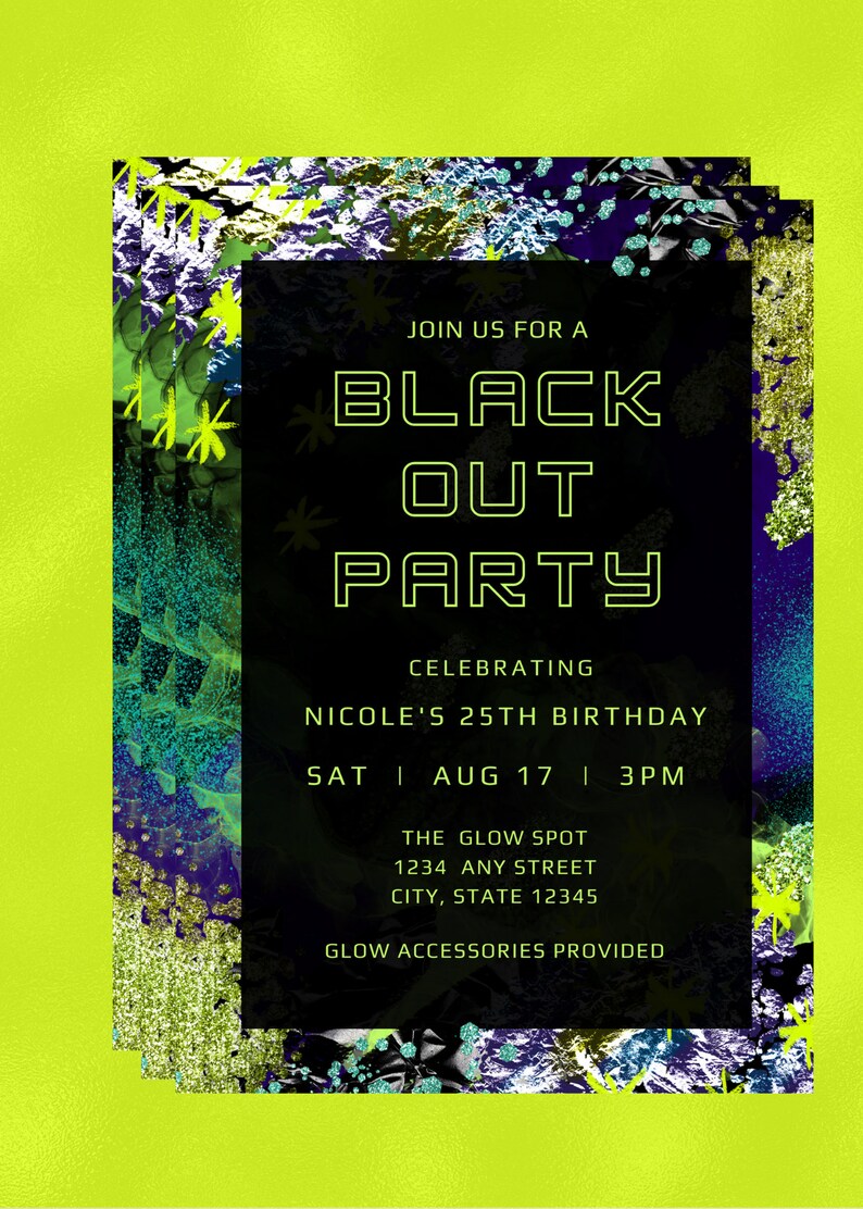 Editable Black Out Party Invitation Birthday Invitation Glow Etsy