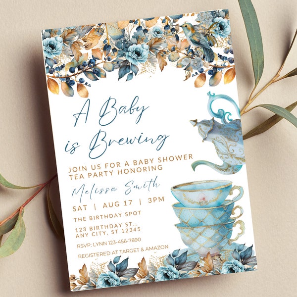 Modifiable A Baby is Brewing Tea Party Invitation, Baby Shower Tea Party, Blue and Gold, Bridal, Birthday Tea Party, Print or Text Invite