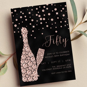 Bearbeitbare Einladung zum 50. Geburtstag, Schwarz und Roségold, Champagner, Glam, Diamantglitzer, Druck oder Texteinladung