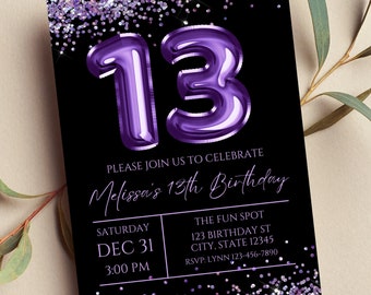 Invitación editable para el 13.º cumpleaños, morada y negra, globo morado, glamurosa, con purpurina, imprimible o digital.
