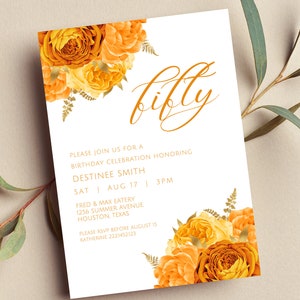 Editable Orange and Gold Floral Invitation, Orange and Gold Flowers, Birthday Invitation, Printable or Text Invite