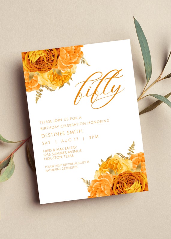 Editable Orange and Gold Floral Invitation, Orange and Gold Flowers, Birthday Invitation, Printable or Text Invite