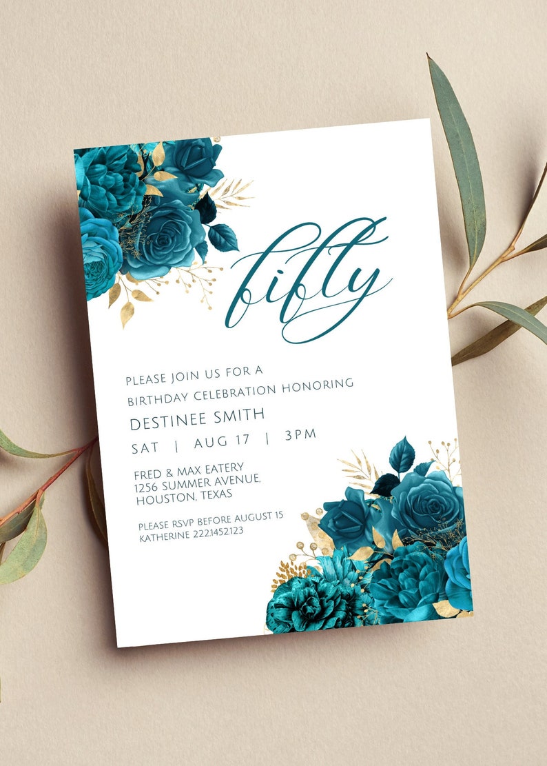 Editable Teal and Gold Floral Invitation Teal and Gold Etsy Editable Teal and Gold Floral Invitation Teal and Gold Etsy