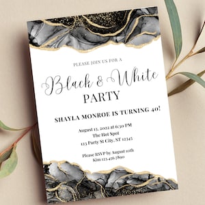 Invito per festa in bianco e nero modificabile, invito per compleanno in bianco e nero, invito stampabile o digitale