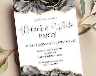 Editable Black and White Party Invitation, Black and White, Birthday Invitation, Printable or Text Invite