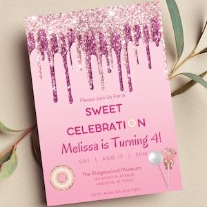 Editable Sweet Celebration Birthday Invitation, Dripping Frosting, Two Sweet, Ice Cream, Sweet One, Donut, Kid&#39;s Invite, Print Text Invite
