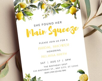 Editable She Found Her Main Squeeze Bridal Shower Invitation, Lemon Invite, Citrus Bridal Shower, Printable or Digital Invitation