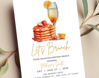 Editable Brunch Invitation, Brunch and Bubbly, Birthday Brunch, Sunday Brunch, Pancakes, Mimosa, Printable or Digital Invitation