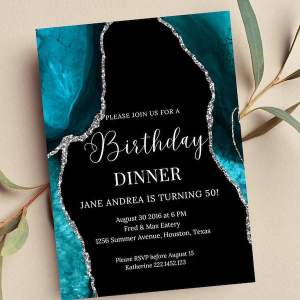 Editable Teal and Silver Invitation, Agate Birthday Dinner Invitation, Printable