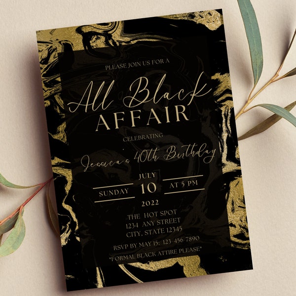 Editable All Black Affair Invitation, All Black Party Invitation,  Black and Gold, Marble, Formal Attire Invite, Printable or Text Invite