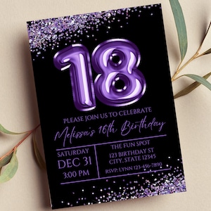 Faire-part 18e anniversaire modifiable, faire-part violet et noir, ballon violet 18 ans, glam, paillettes, imprimable ou numérique